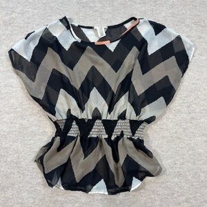 Pretty Good Chevron Smocked-Waist Blouse - Black, Gray, White